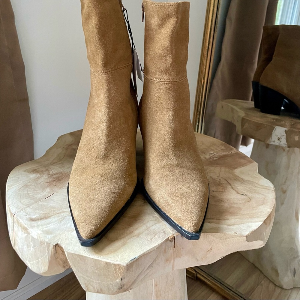 NWT Zara Suede Leather Stacked Heel Pointed Toe Western Boots in Camel Tan - 10 - Picture 7 of 8